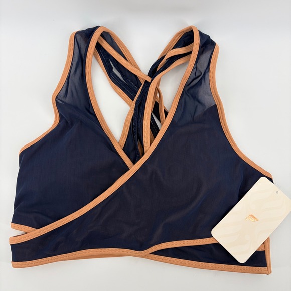 Fabletics Other - Fabletics Faye Medium Impact Sports Bra II Navy Blue Tan Mesh‎ Strappy Large NEW